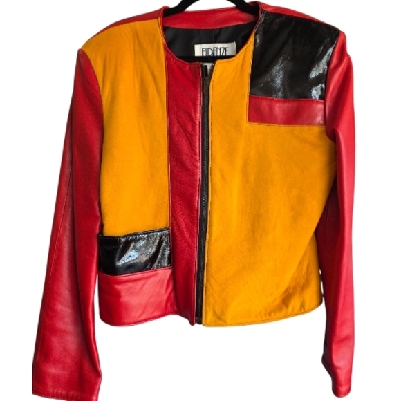 Firenze Santa Barbara Jackets & Blazers - Firenze  Vintage Women's Rare Red, Black, Yellow Colorblock Calf Leather Suede L